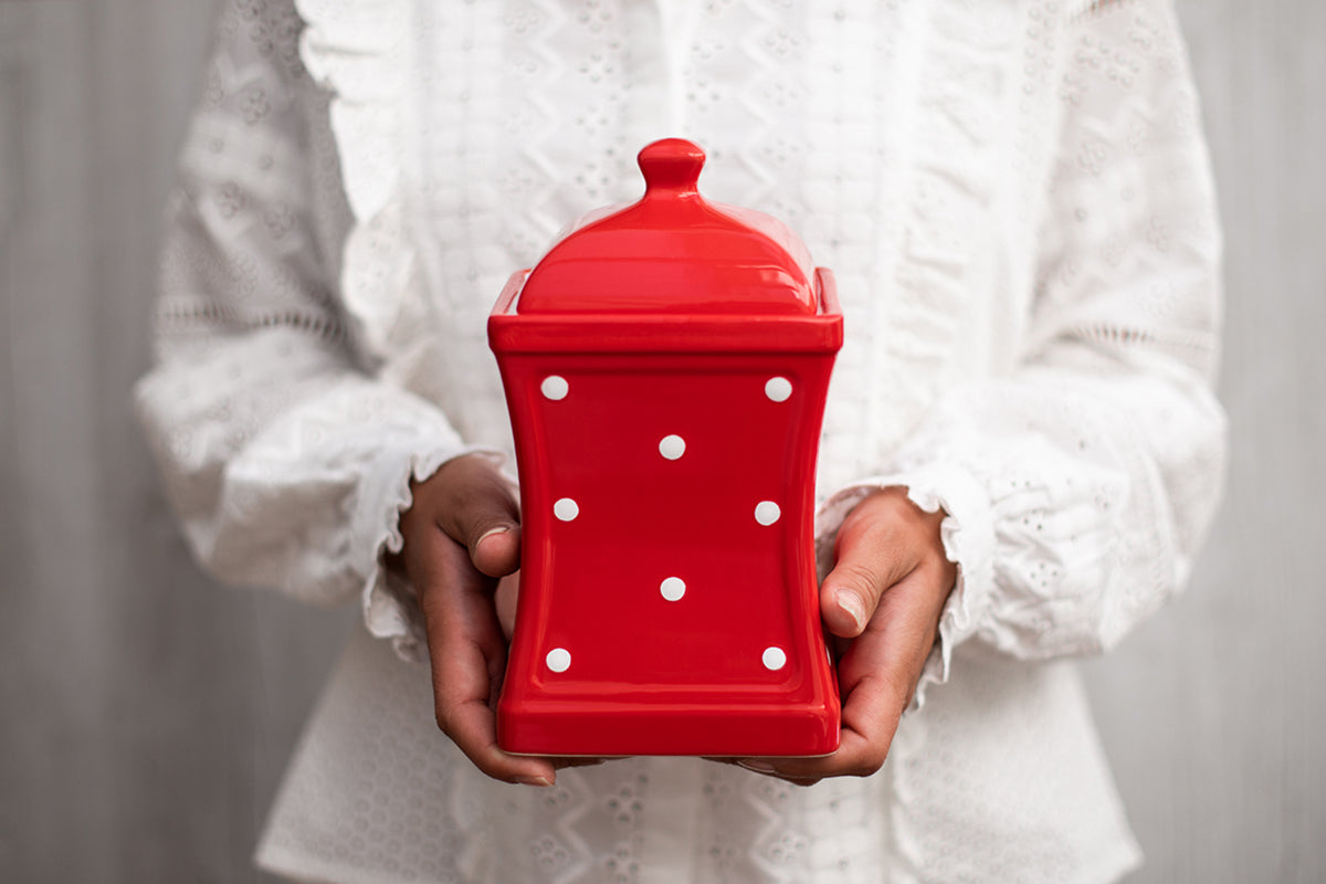 Red And White Polka Dot Spotty Handmade Hand Painted Large Ceramic Kitchen Storage Jar