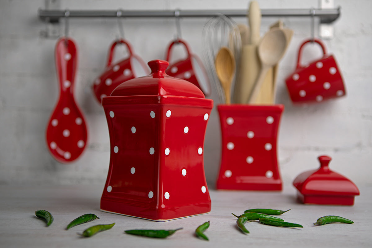 Red And White Polka Dot Spotty Handmade Hand Painted Large Ceramic Kitchen Storage Jar