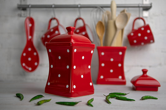 Red And White Polka Dot Spotty Handmade Hand Painted Large Ceramic Kitchen Storage Jar