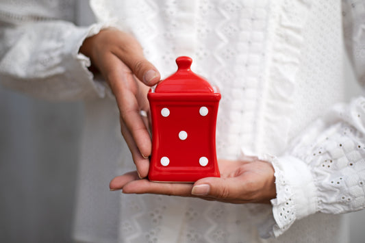 Red And White Polka Dot Spotty Handmade Hand Painted Small Ceramic Kitchen Herb Spice Storage Jar with Lid