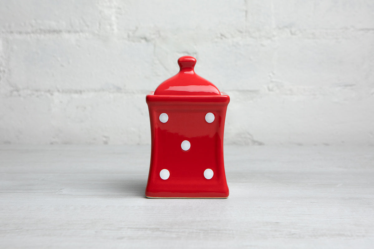 Red And White Polka Dot Spotty Handmade Hand Painted Small Ceramic Kitchen Herb Spice Storage Jar with Lid