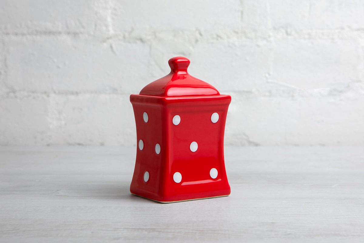Red And White Polka Dot Spotty Handmade Hand Painted Small Ceramic Kitchen Herb Spice Storage Jar with Lid