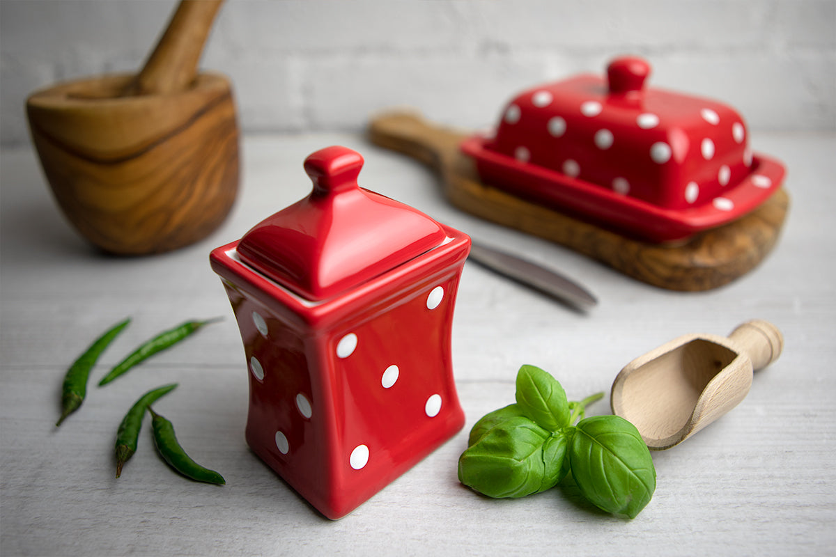 Red And White Polka Dot Spotty Handmade Hand Painted Small Ceramic Kitchen Herb Spice Storage Jar with Lid