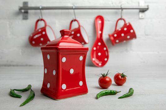 Red And White Polka Dot Spotty Handmade Hand Painted Small Ceramic Kitchen Herb Spice Storage Jar with Lid