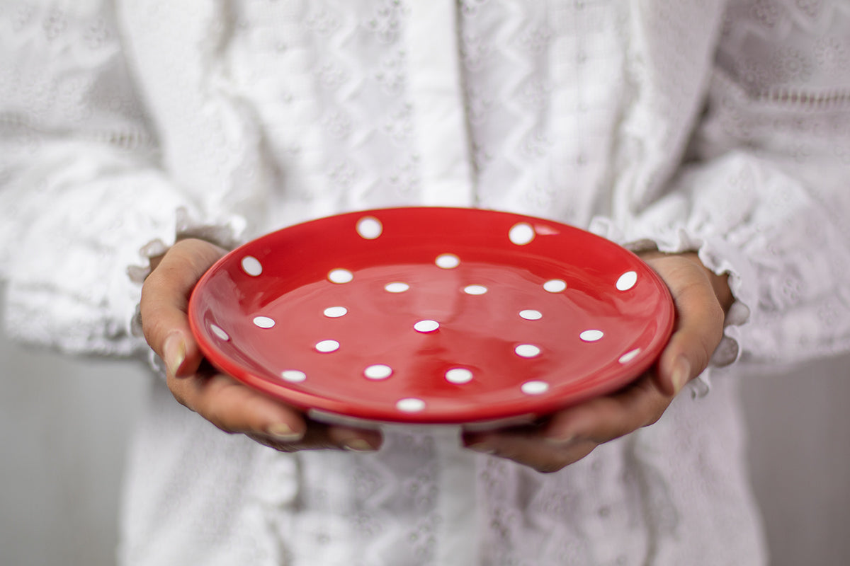 Red and White Polka Dot Spotty Handmade Hand Painted Ceramic 12 piece Dinnerware Service for 4