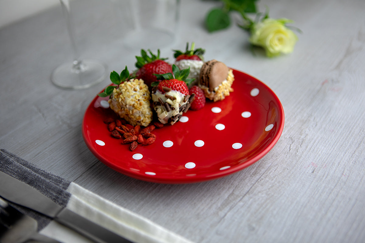 Red and White Polka Dot Spotty Handmade Hand Painted Ceramic 12 piece Dinnerware Service for 4