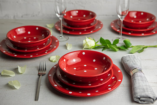 Red and White Polka Dot Spotty Handmade Hand Painted Ceramic 12 piece Dinnerware Service for 4