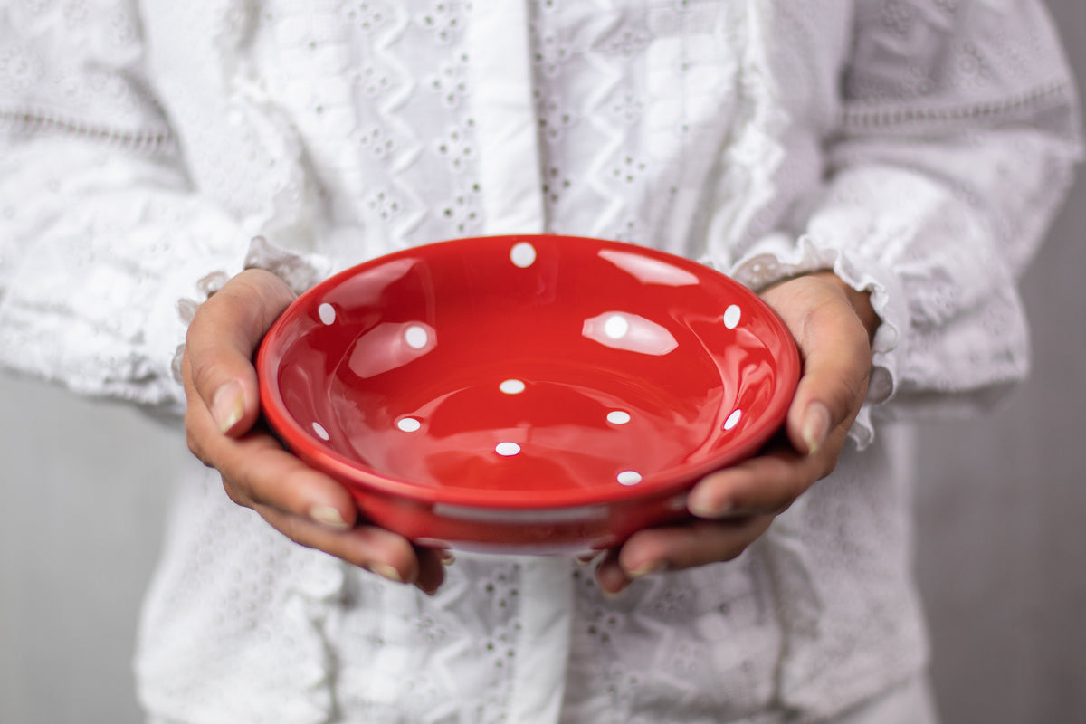Red and White Polka Dot Spotty Handmade Hand Painted Ceramic 12 piece Dinnerware Service for 4