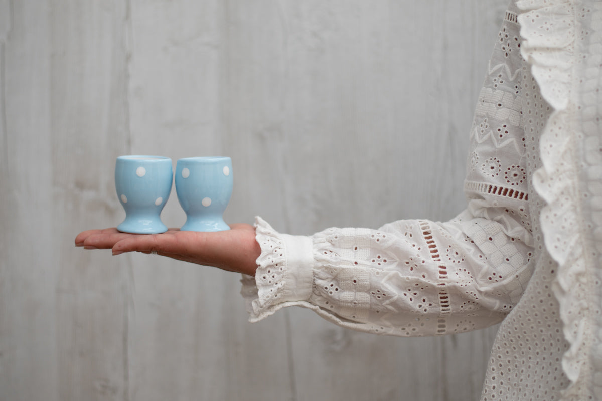 Light Sky Blue And White Polka Dot Spotty Handmade Egg Cup Holder Set of 2