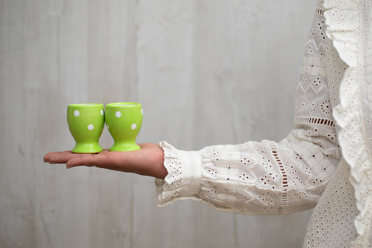 Lime Green And White Polka Dot Spotty Handmade Egg Cup Holder Set of 2