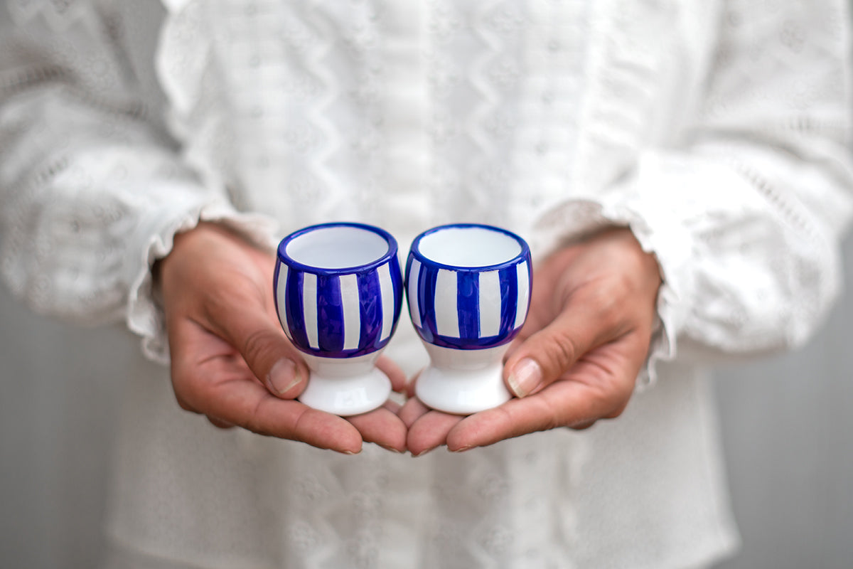 Dark Navy Blue Striped Handmade Egg Cup Holder Set of 2
