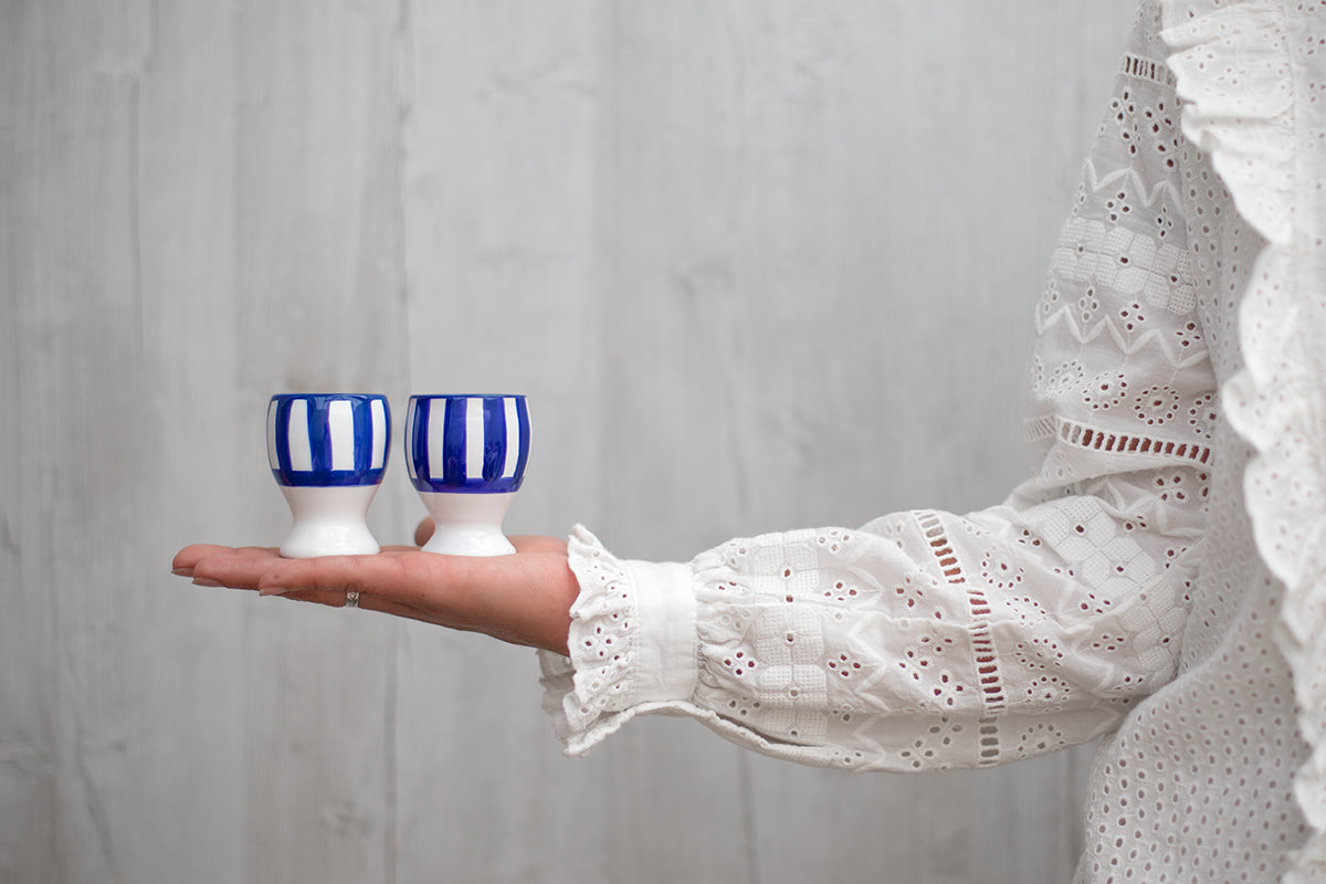 Dark Navy Blue Striped Handmade Egg Cup Holder Set of 2