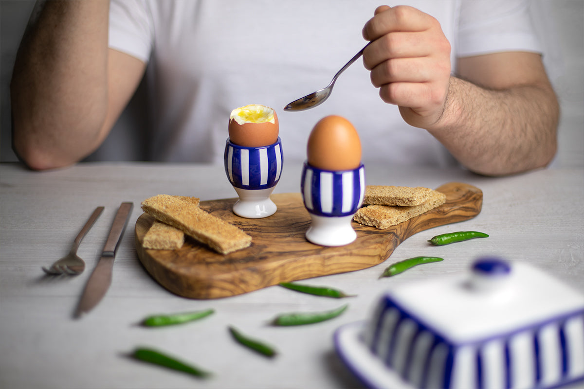 Dark Navy Blue Striped Handmade Egg Cup Holder Set of 2