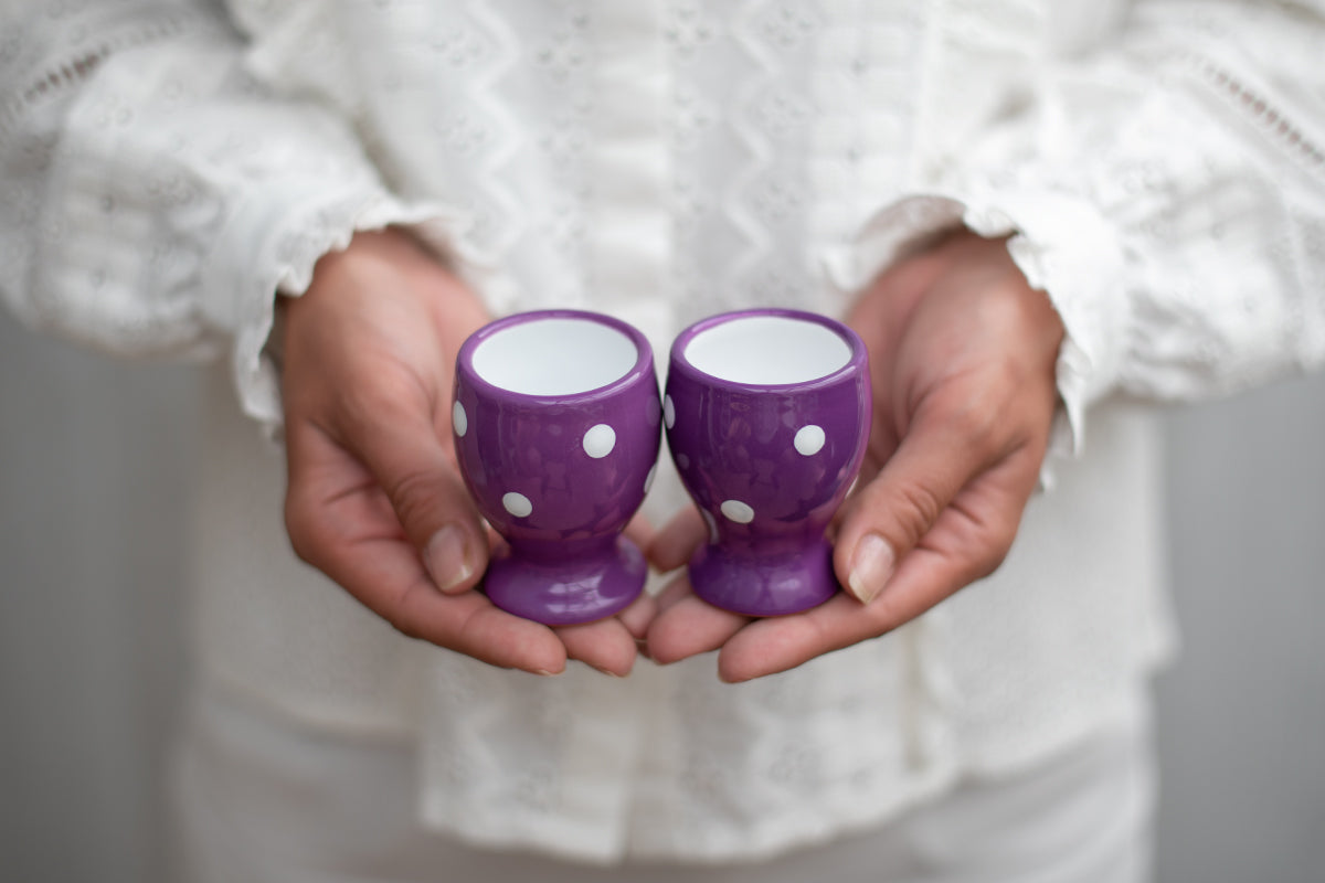 Purple And White Polka Dot Spotty Handmade Egg Cup Holder Set of 2