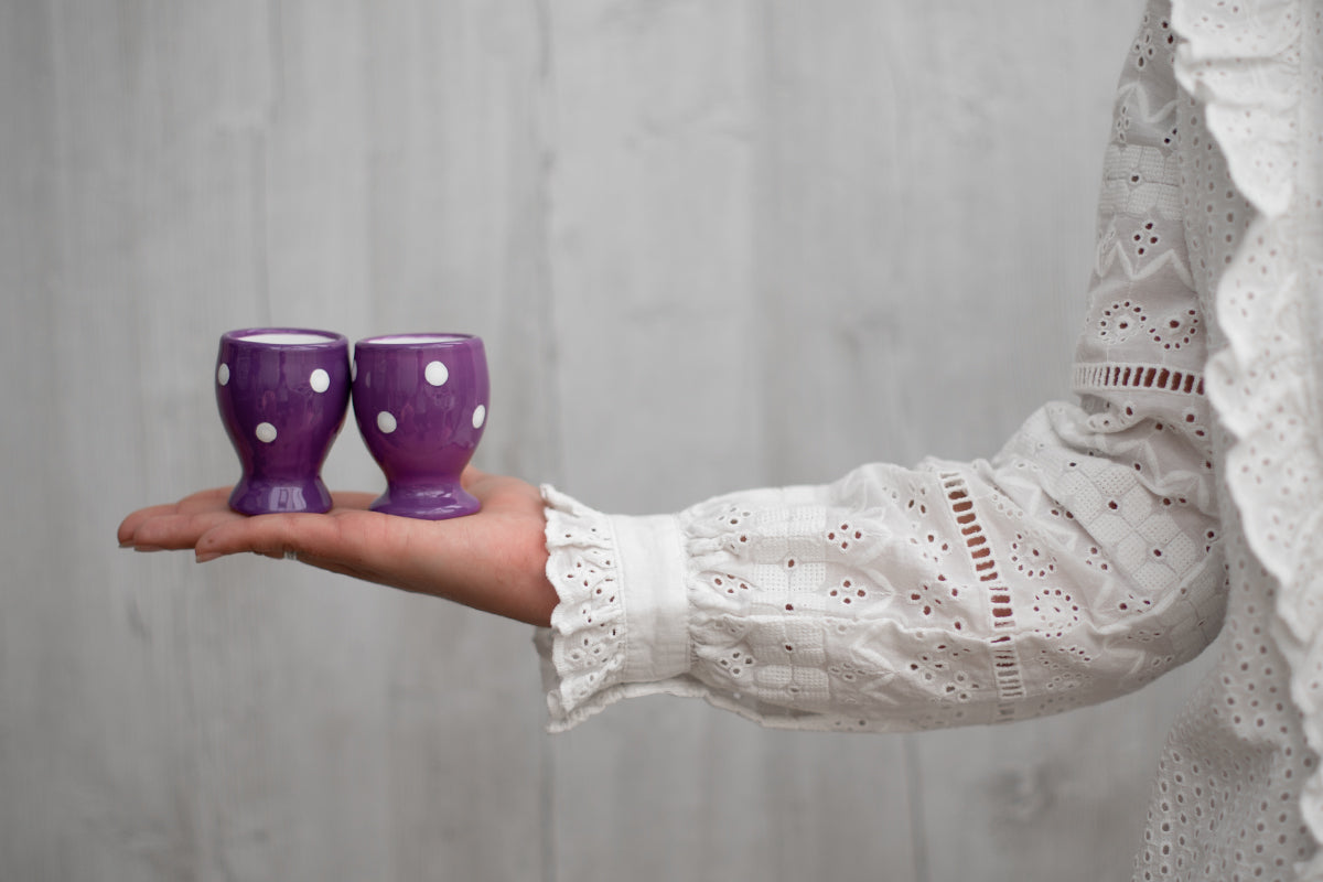 Purple And White Polka Dot Spotty Handmade Egg Cup Holder Set of 2