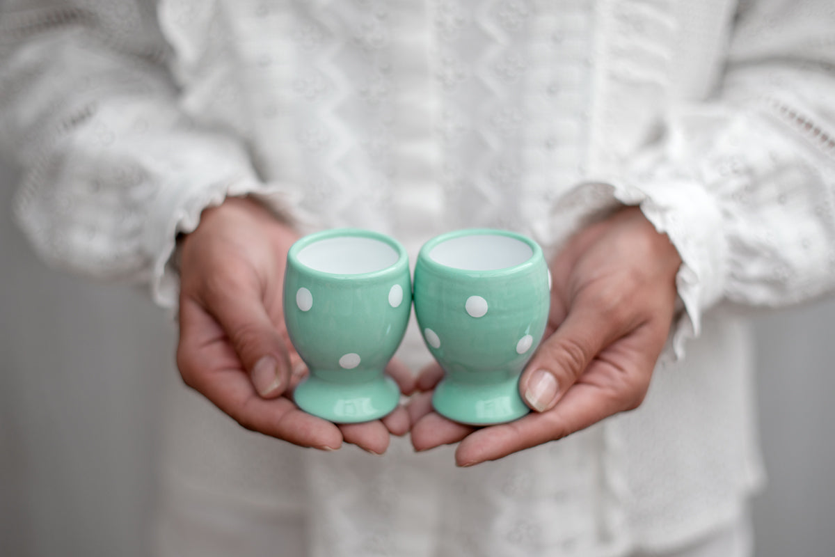 Teal Blue And White Polka Dot Spotty Handmade Egg Cup Holder Set of 2