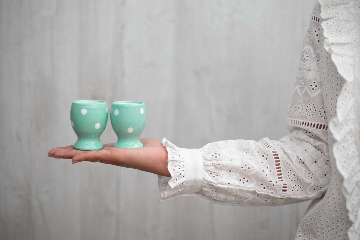 Teal Blue And White Polka Dot Spotty Handmade Egg Cup Holder Set of 2