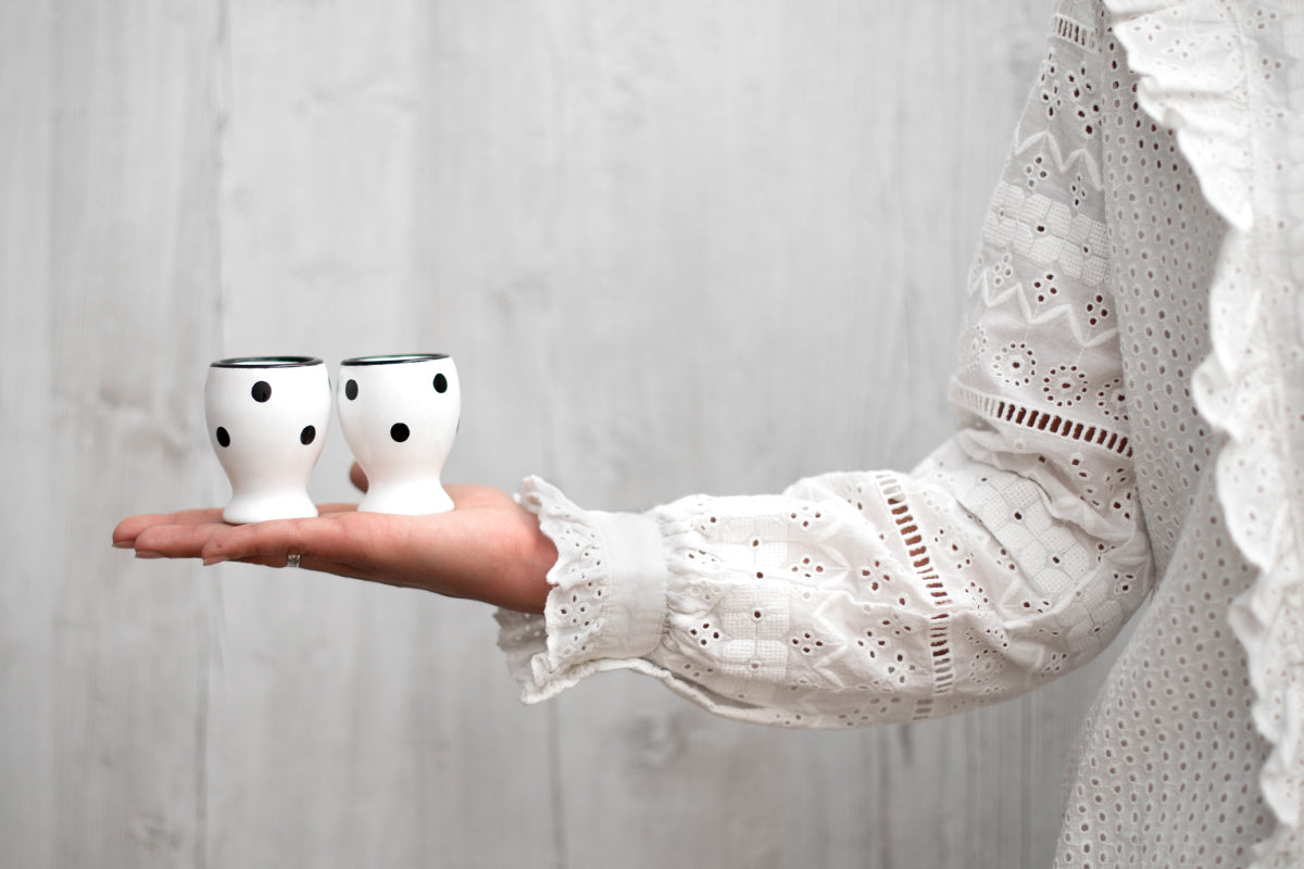White And Black Polka Dot Spotty Handmade Egg Cup Holder Set of 2