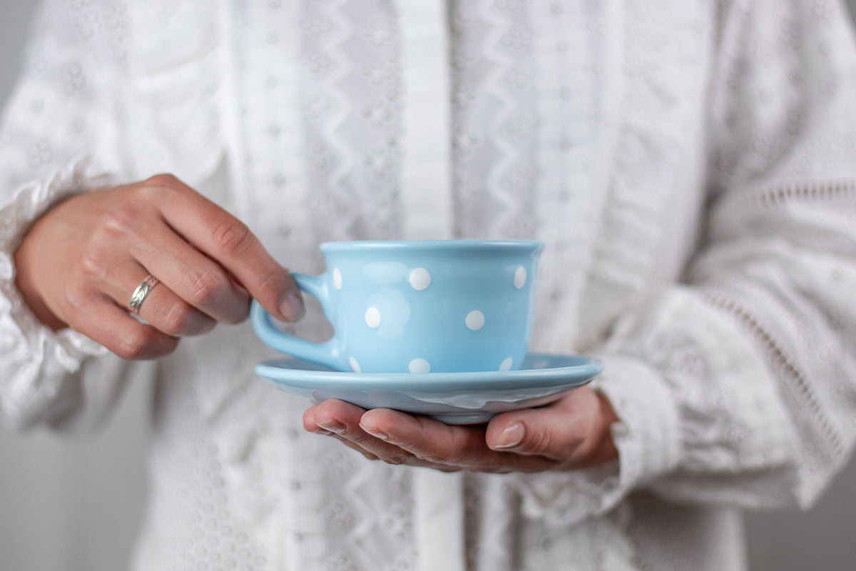 Light Sky Blue And White Polka Dot Spotty Designer Handmade Hand Painted Ceramic 9oz-250ml Cappuccino Coffee Tea Cup with Saucer