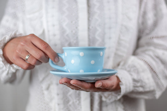 Light Sky Blue And White Polka Dot Spotty Designer Handmade Hand Painted Ceramic 9oz-250ml Cappuccino Coffee Tea Cup with Saucer