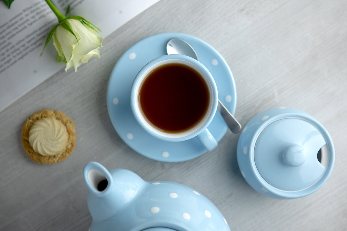 Light Sky Blue And White Polka Dot Spotty Designer Handmade Hand Painted Ceramic 9oz-250ml Cappuccino Coffee Tea Cup with Saucer