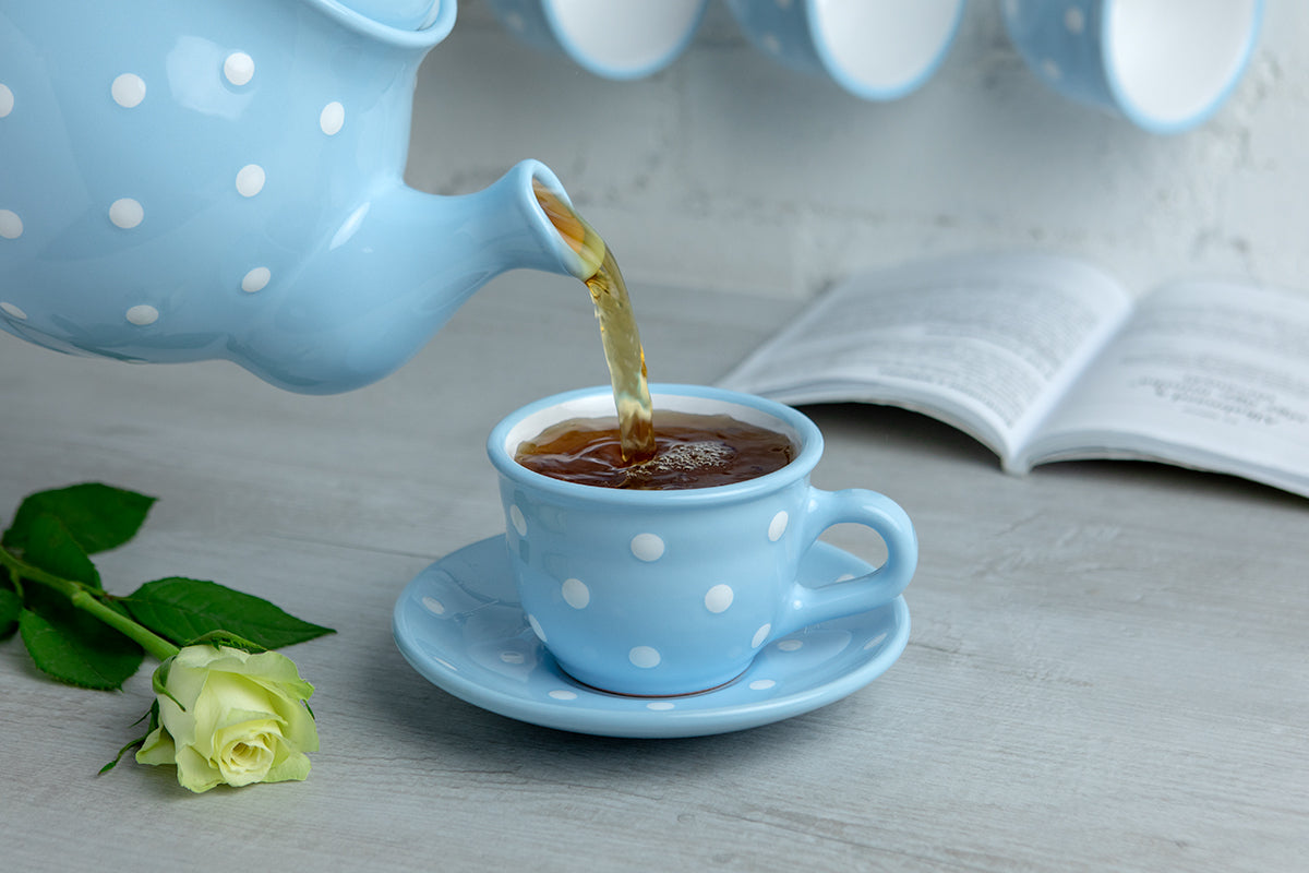 Light Sky Blue And White Polka Dot Spotty Designer Handmade Hand Painted Ceramic 9oz-250ml Cappuccino Coffee Tea Cup with Saucer