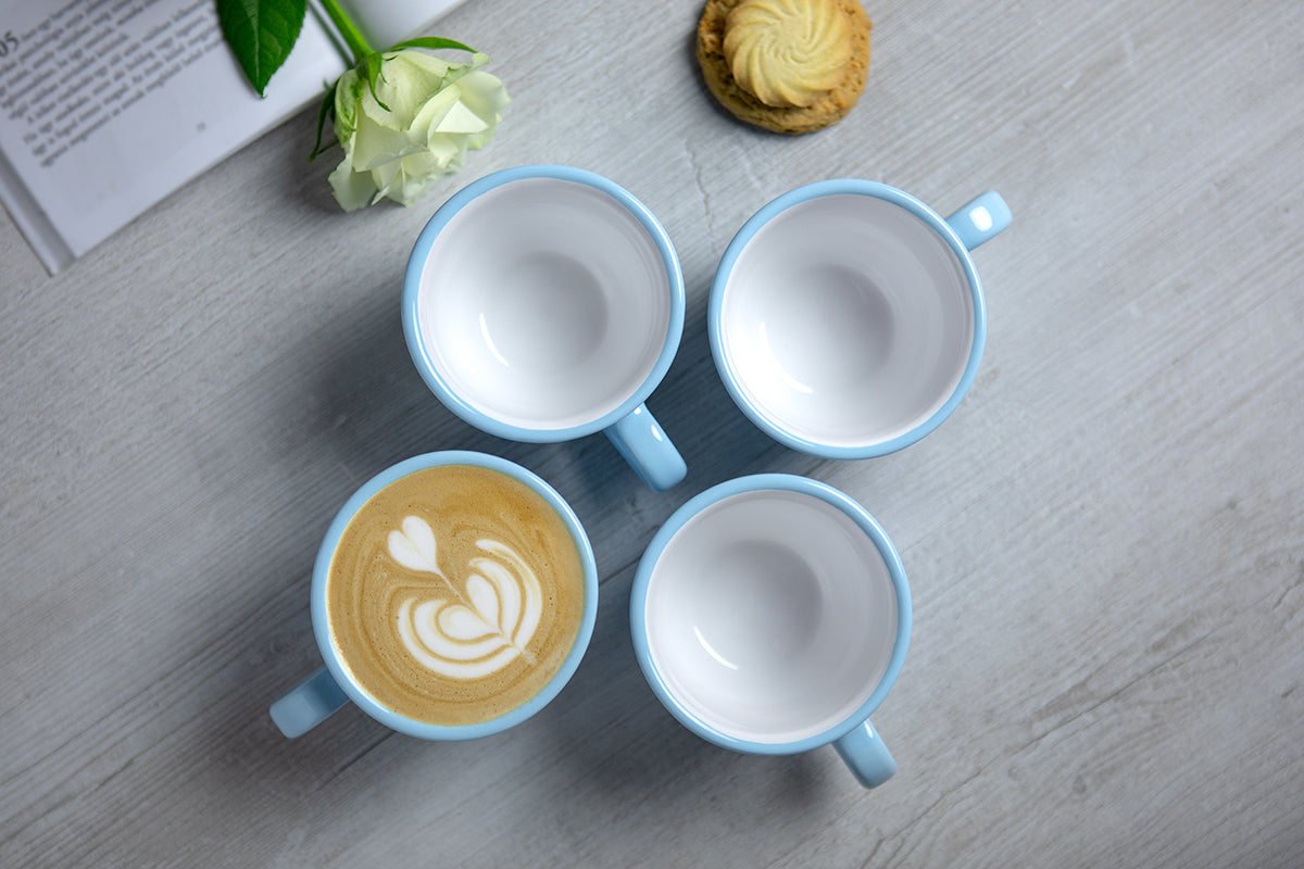 Light Sky Blue And White Polka Dot Spotty Designer Handmade Hand Painted Ceramic 9oz-250ml Cappuccino Coffee Tea Cup with Saucer