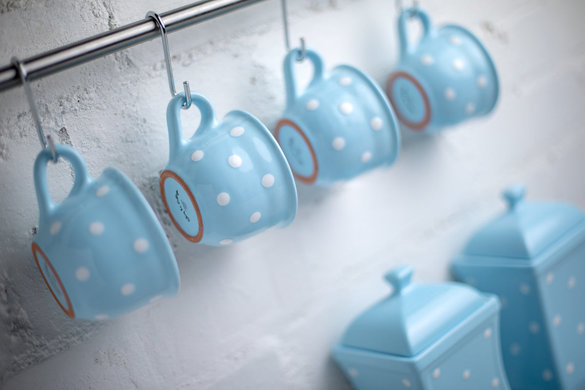 Light Sky Blue And White Polka Dot Spotty Designer Handmade Hand Painted Ceramic 9oz-250ml Cappuccino Coffee Tea Cup with Saucer