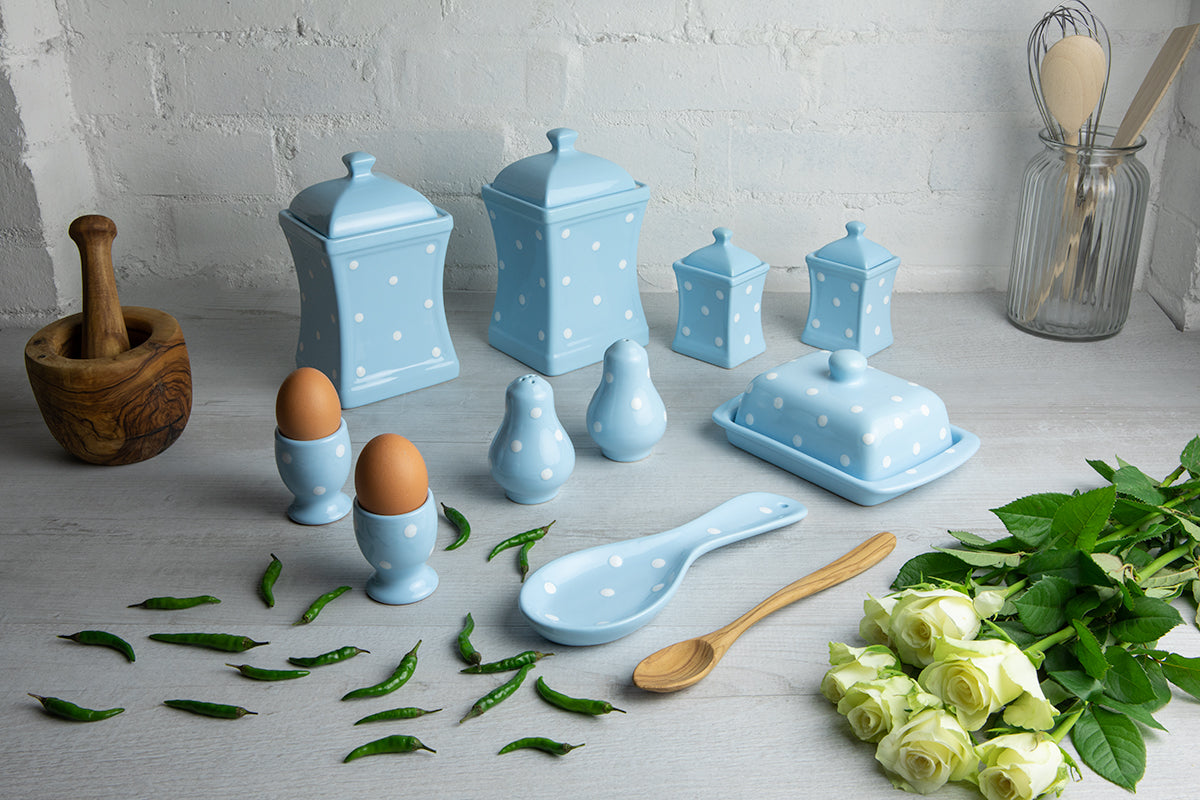 Light Sky Blue And White Polka Dot Spotty Handmade Hand Painted Ceramic Kitchen Serving Storage Set of 10