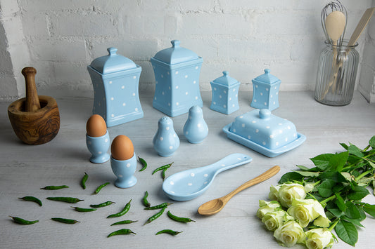 Light Sky Blue And White Polka Dot Spotty Handmade Hand Painted Ceramic Kitchen Serving Storage Set of 10