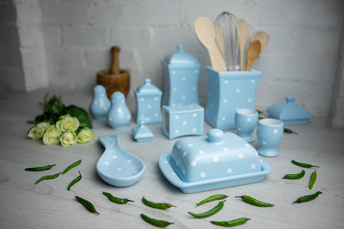 Light Sky Blue And White Polka Dot Spotty Handmade Hand Painted Ceramic Kitchen Serving Storage Set of 10