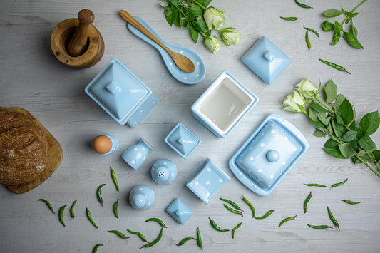 Light Sky Blue And White Polka Dot Spotty Handmade Hand Painted Ceramic Kitchen Serving Storage Set of 10