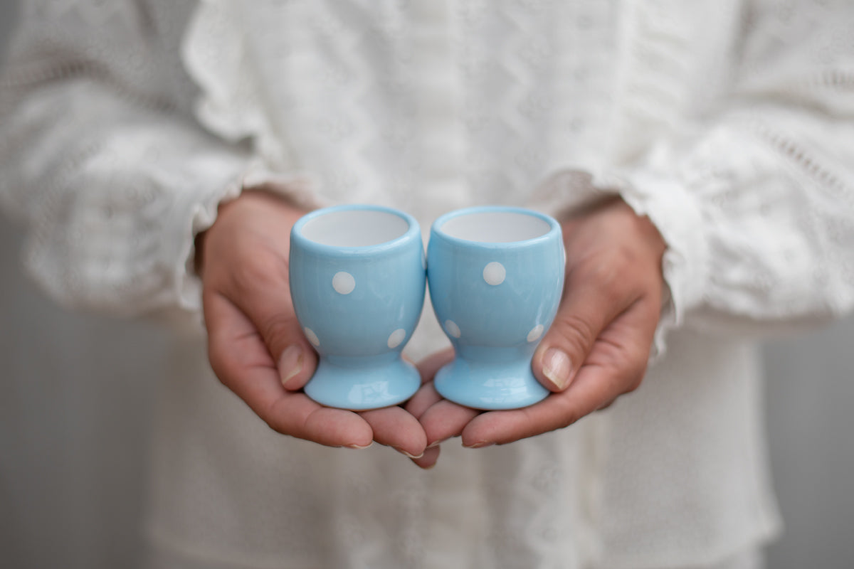 Light Sky Blue And White Polka Dot Spotty Handmade Hand Painted Ceramic Kitchen Serving Storage Set of 10