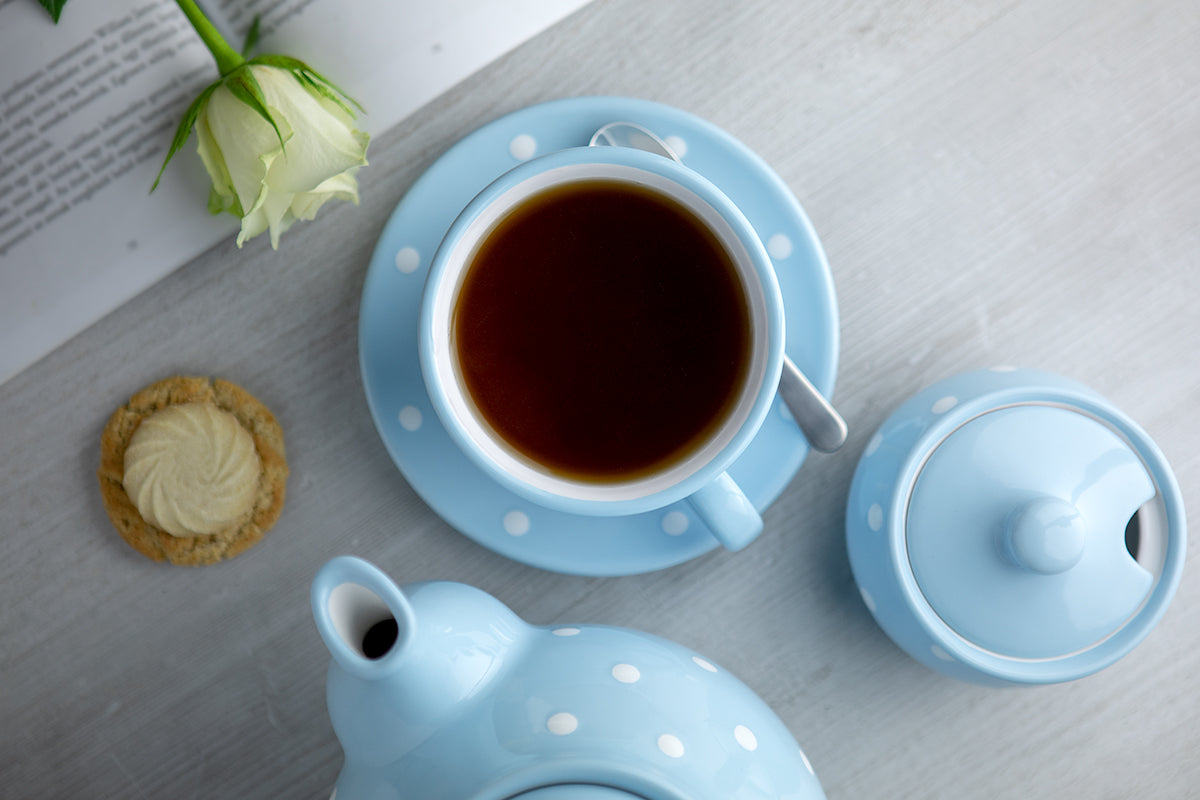 Light Sky Blue And White Polka Dot Spotty Handmade Hand Painted Large Unique Ceramic 12oz-350ml Cappuccino Coffee Tea Cup with Saucer