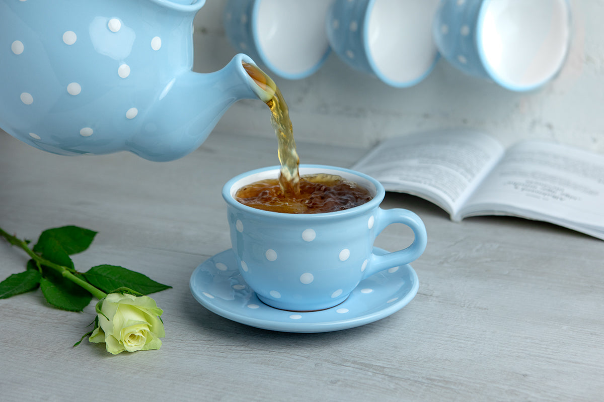 Light Sky Blue And White Polka Dot Spotty Handmade Hand Painted Large Unique Ceramic 12oz-350ml Cappuccino Coffee Tea Cup with Saucer