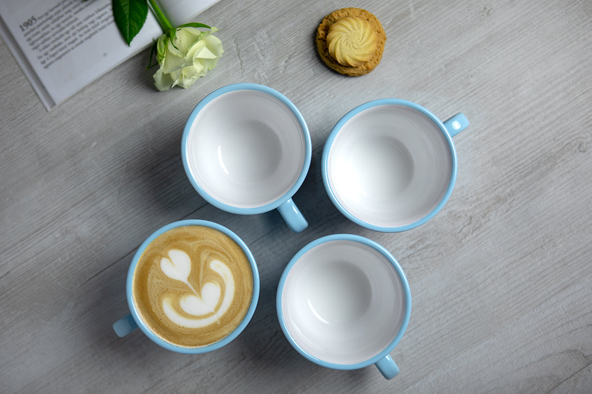 Light Sky Blue And White Polka Dot Spotty Handmade Hand Painted Large Unique Ceramic 12oz-350ml Cappuccino Coffee Tea Cup with Saucer