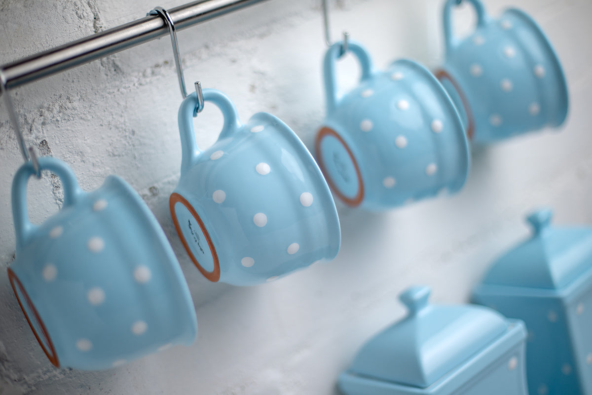 Light Sky Blue And White Polka Dot Spotty Handmade Hand Painted Large Unique Ceramic 12oz-350ml Cappuccino Coffee Tea Cup with Saucer