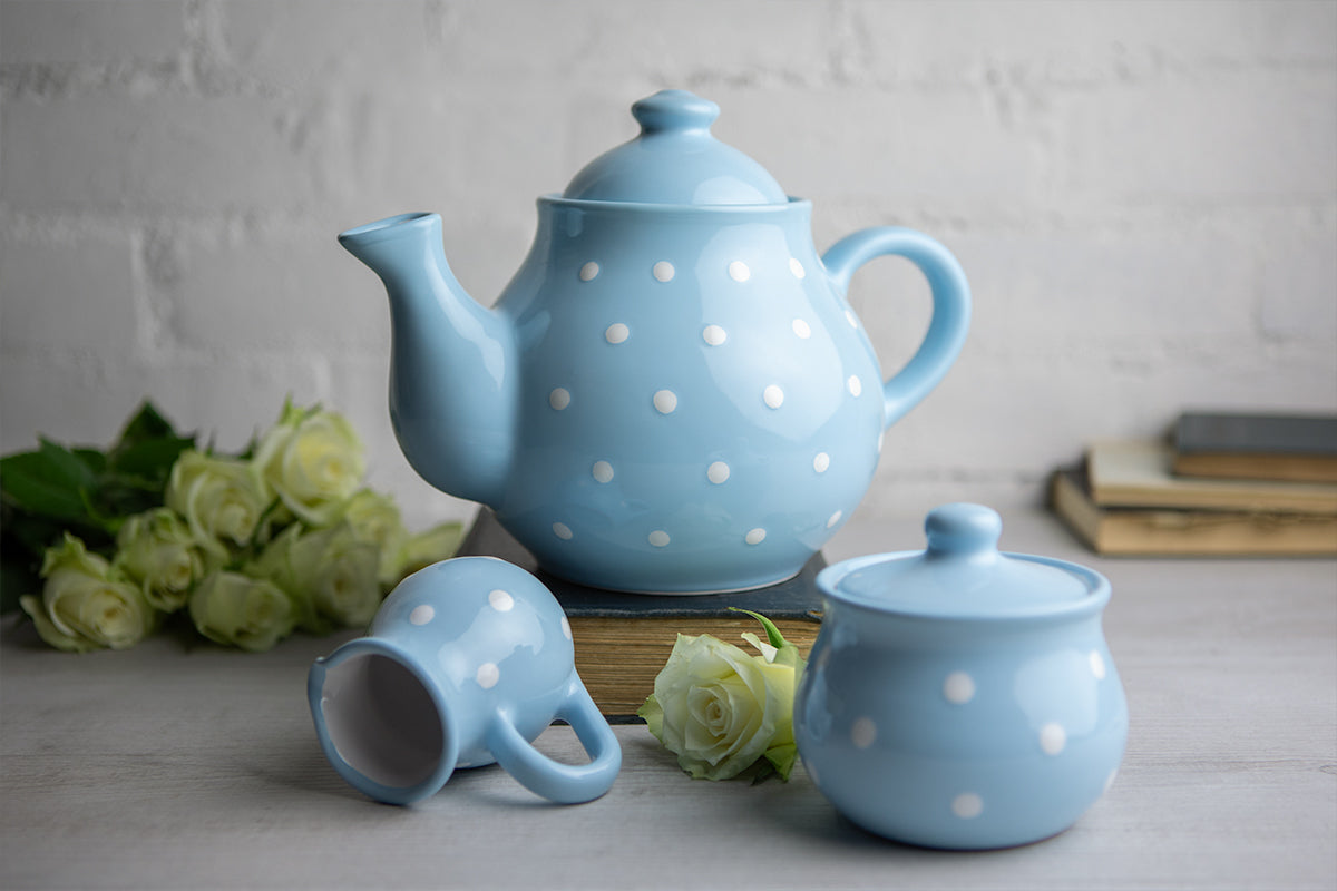 Light Sky Blue And White Polka Dot Spotty Handmade Hand Painted Ceramic Large Teapot Milk Jug Sugar Bowl Set