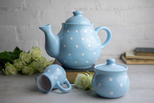Light Sky Blue And White Polka Dot Spotty Handmade Hand Painted Ceramic Large Teapot Milk Jug Sugar Bowl Set