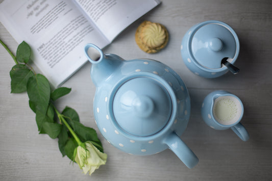 Light Sky Blue And White Polka Dot Spotty Handmade Hand Painted Ceramic Large Teapot Milk Jug Sugar Bowl Set