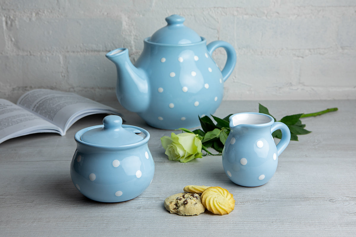 Light Sky Blue And White Polka Dot Spotty Handmade Hand Painted Ceramic Large Teapot Milk Jug Sugar Bowl Set
