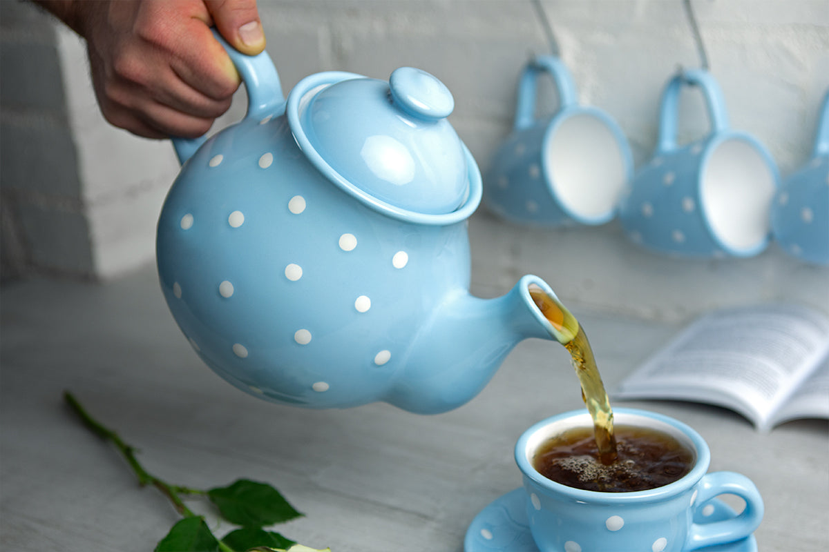 Light Sky Blue And White Polka Dot Spotty Handmade Hand Painted Ceramic Large Teapot Milk Jug Sugar Bowl Set