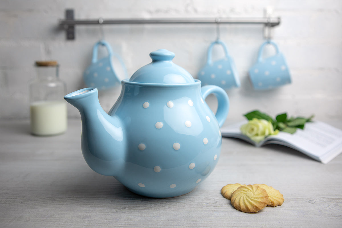 Light Sky Blue And White Polka Dot Spotty Handmade Hand Painted Ceramic Large Teapot Milk Jug Sugar Bowl Set