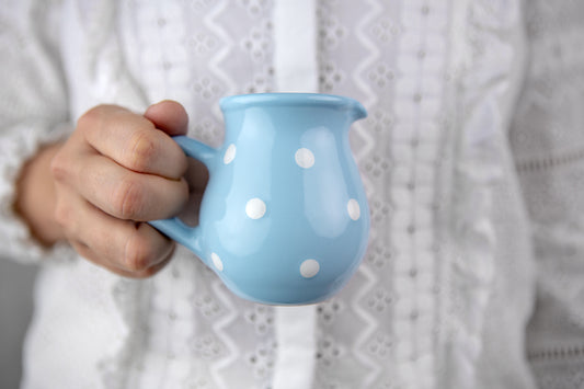 Light Sky Blue And White Polka Dot Spotty Handmade Hand Painted Ceramic Milk Jug