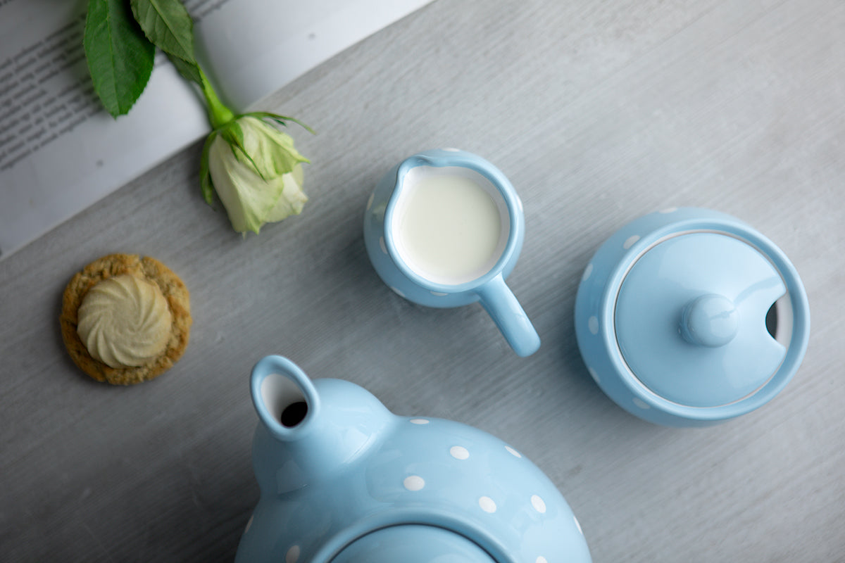 Light Sky Blue And White Polka Dot Spotty Handmade Hand Painted Ceramic Milk Jug