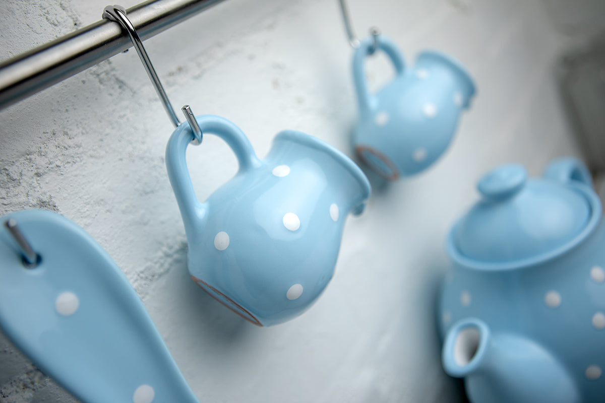 Light Sky Blue And White Polka Dot Spotty Handmade Hand Painted Ceramic Milk Jug
