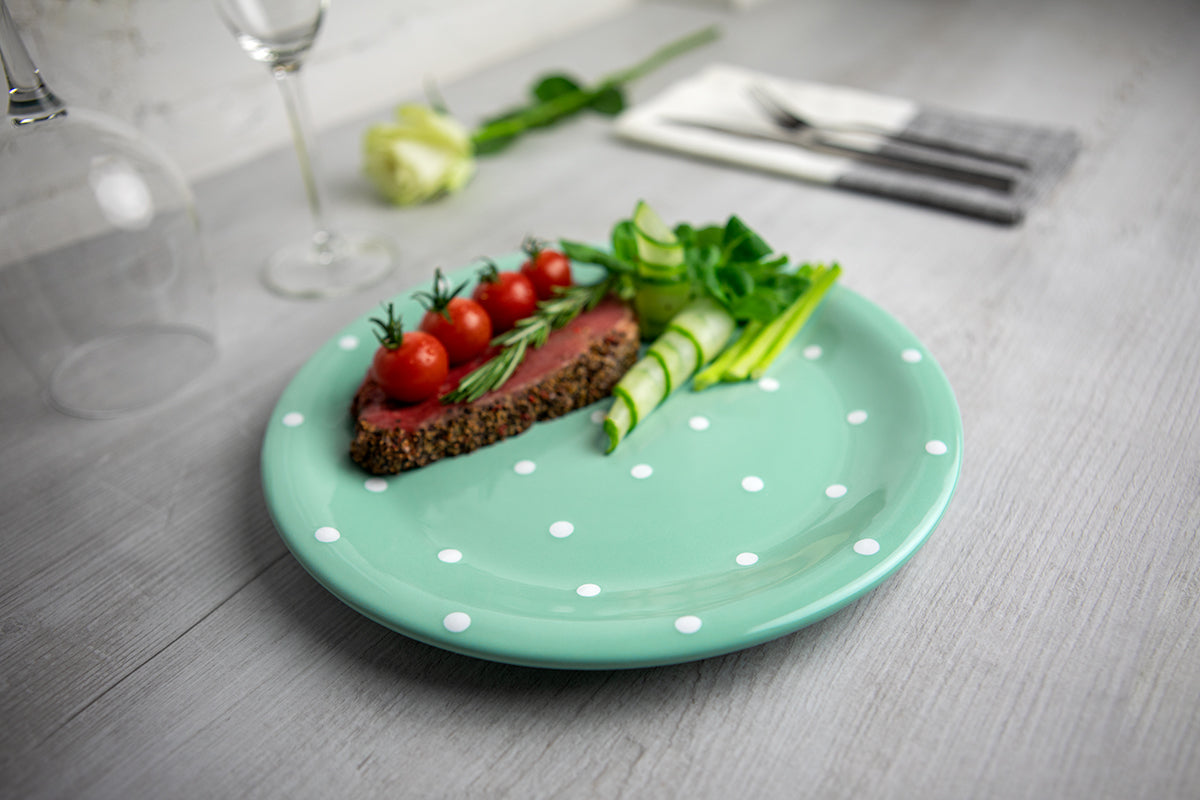 Teal Blue And White Polka Dot Spotty Handmade Hand Painted Glazed Ceramic Flat Dinner Plate