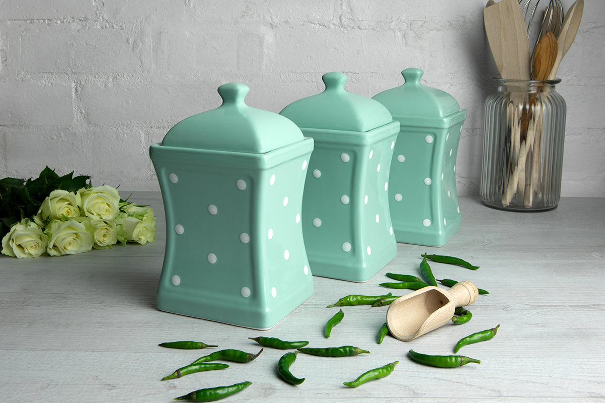 Teal Blue and White Polka Dot Pottery Handmade Hand Painted Large Ceramic Kitchen Storage Jar Set Canister Set - Same Size Jars