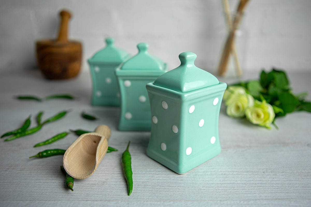 Teal Blue and White Polka Dot Pottery Handmade Hand Painted Small Ceramic Kitchen Herb Spice Jars Canister Set - Same Size Jars