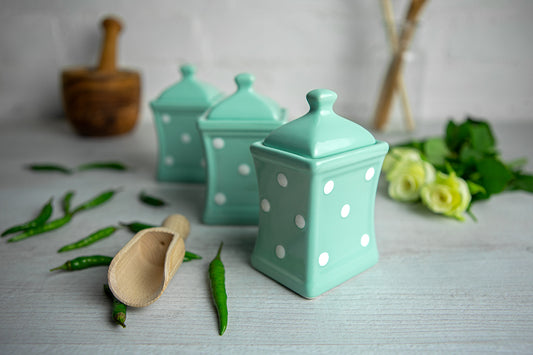 Teal Blue and White Polka Dot Pottery Handmade Hand Painted Small Ceramic Kitchen Herb Spice Jars Canister Set - Same Size Jars